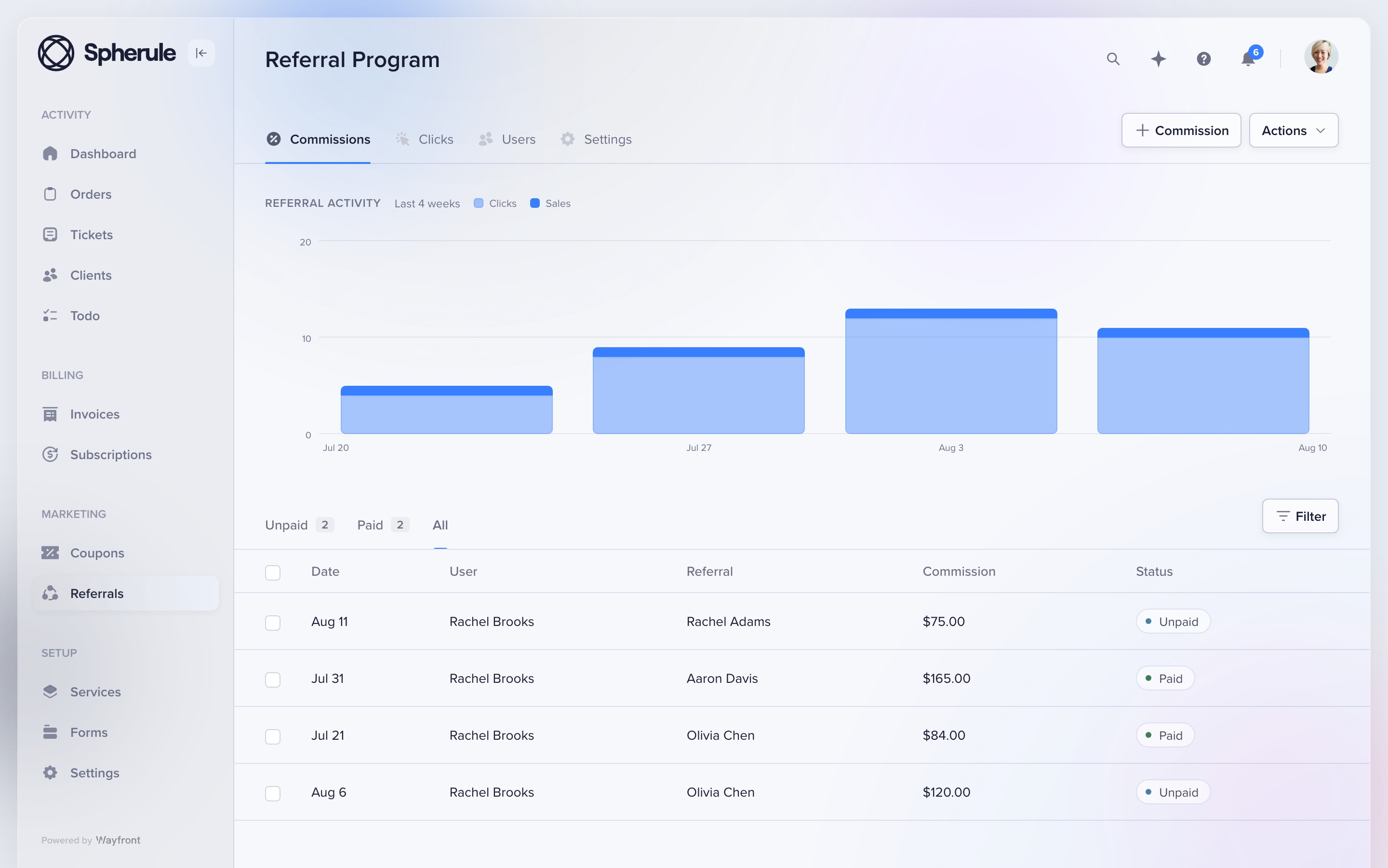 Wayfront admin referral commissions for clients who send new buyers