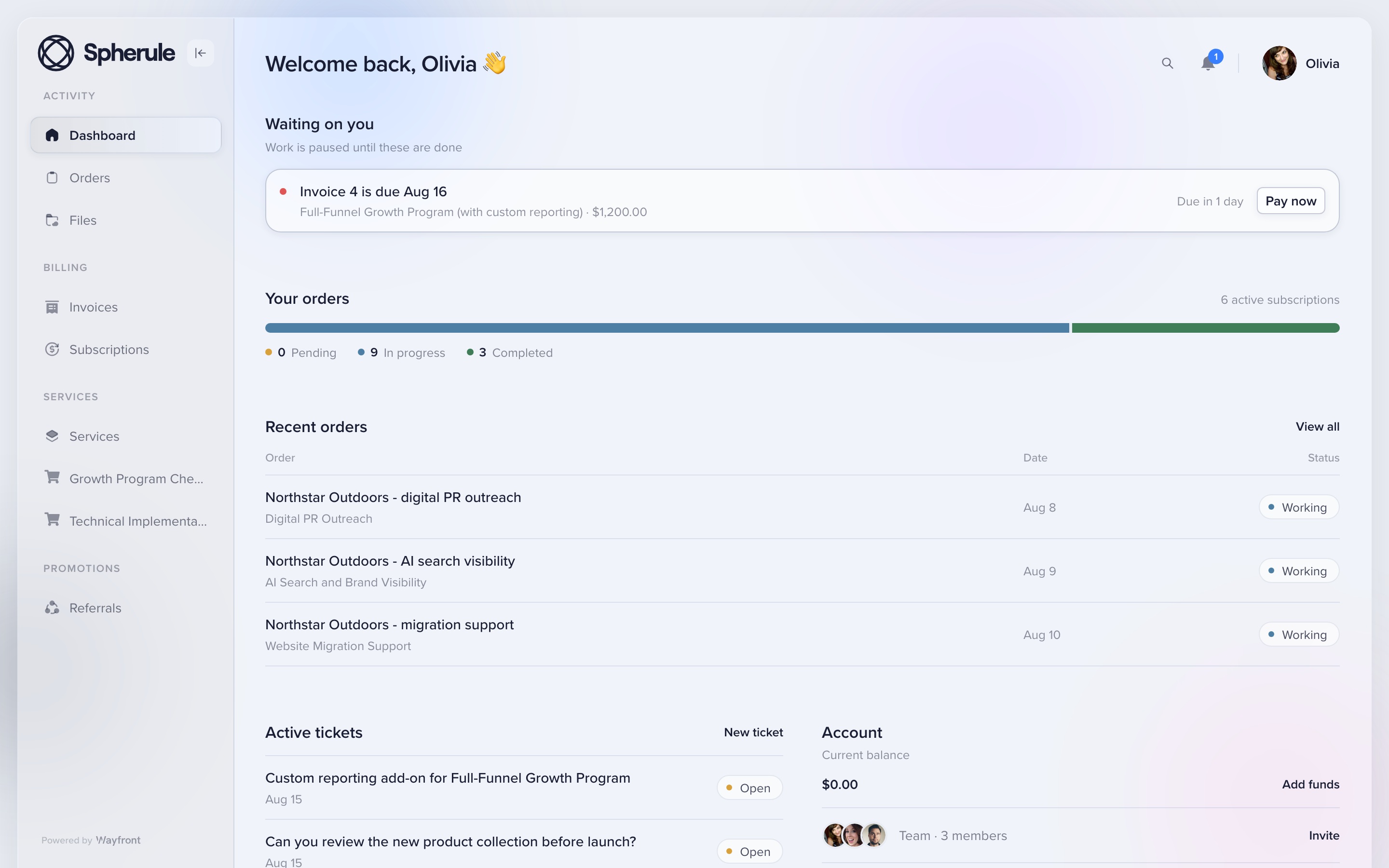 Wayfront redesigned client portal dashboard with active orders, tickets, subscriptions, billing, and account actions