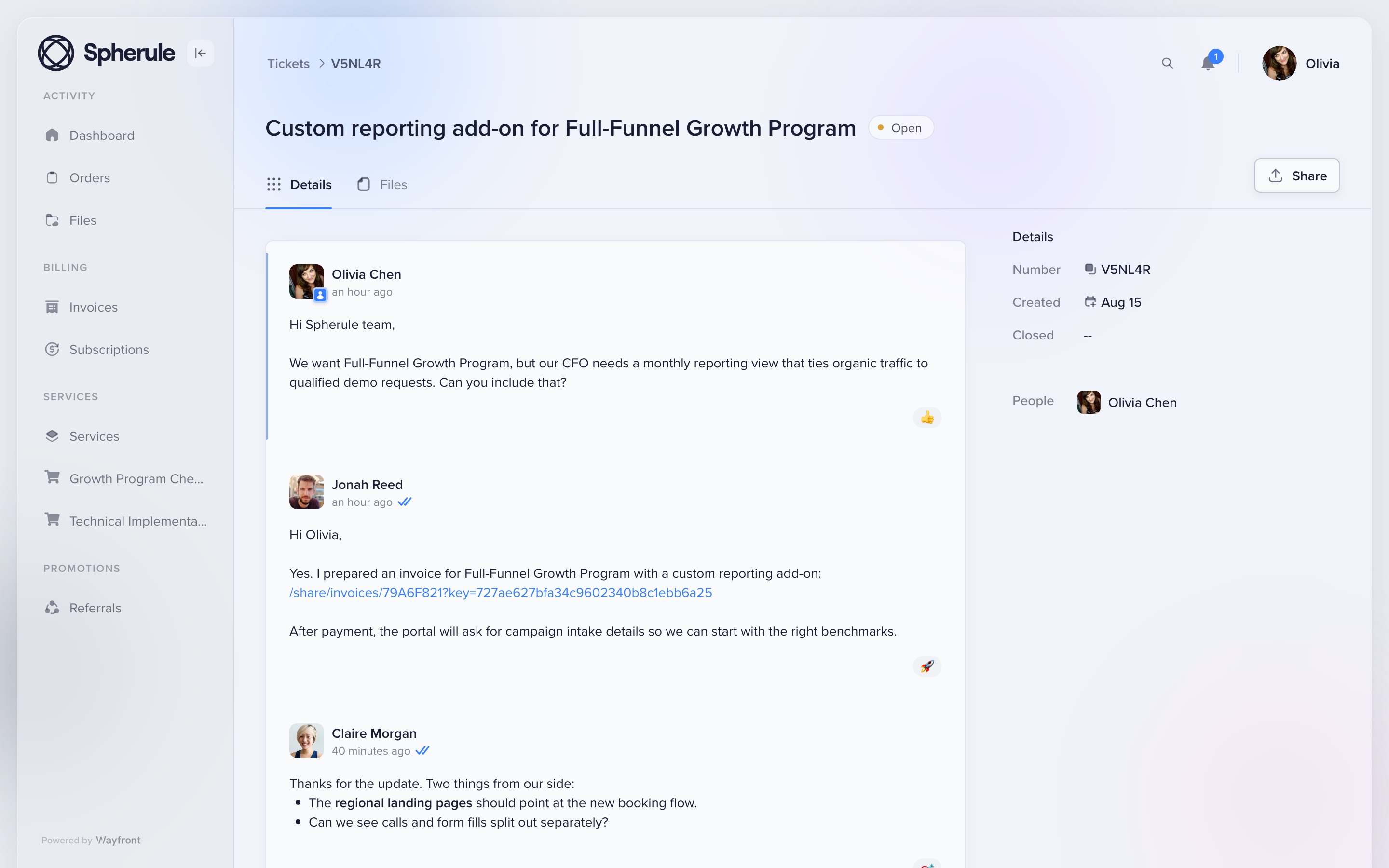 Wayfront client portal ticket thread with the conversation kept inside the client account
